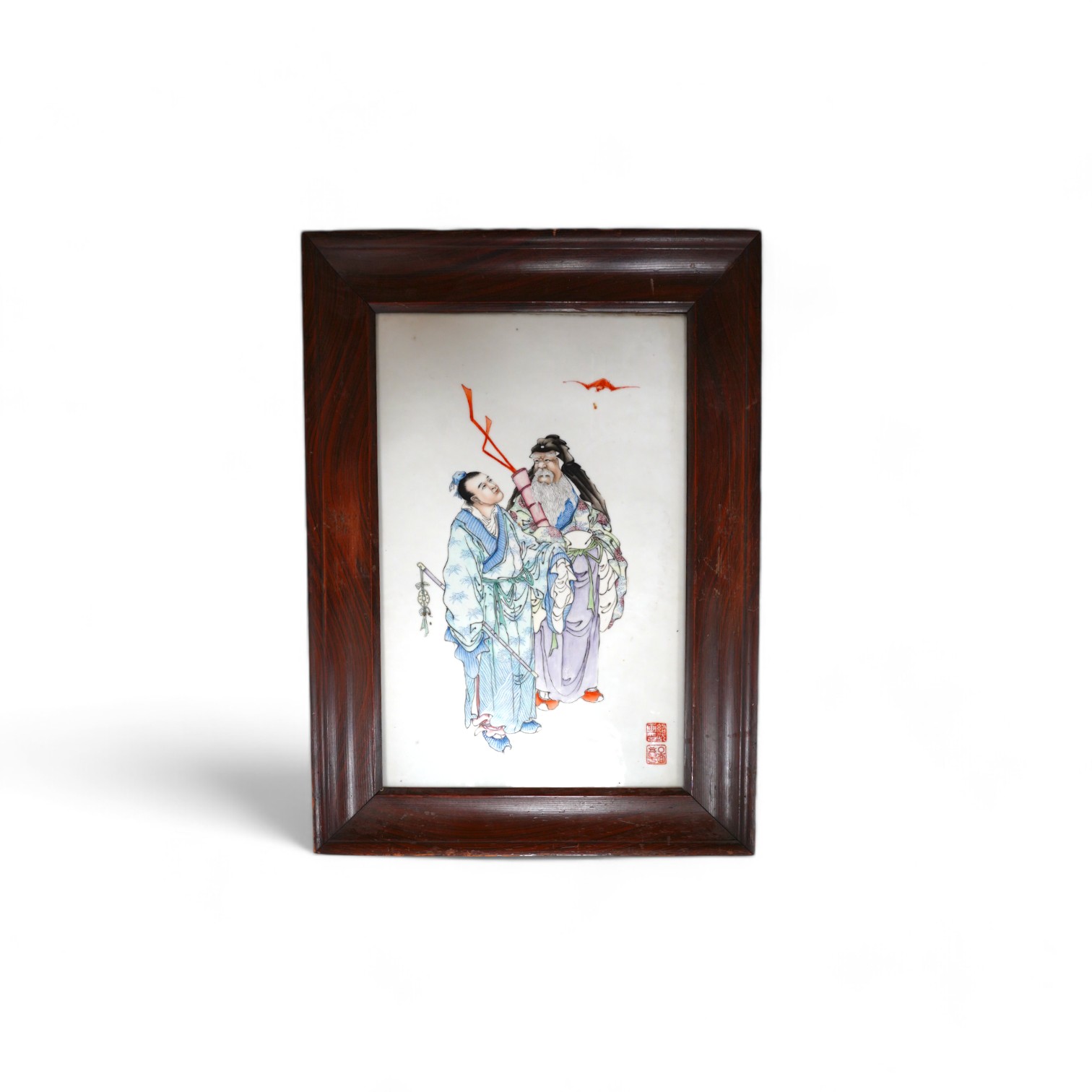 A Chinese famille rose plaque of the immortals Lu Dongbin and Zhang Guo, Republic period